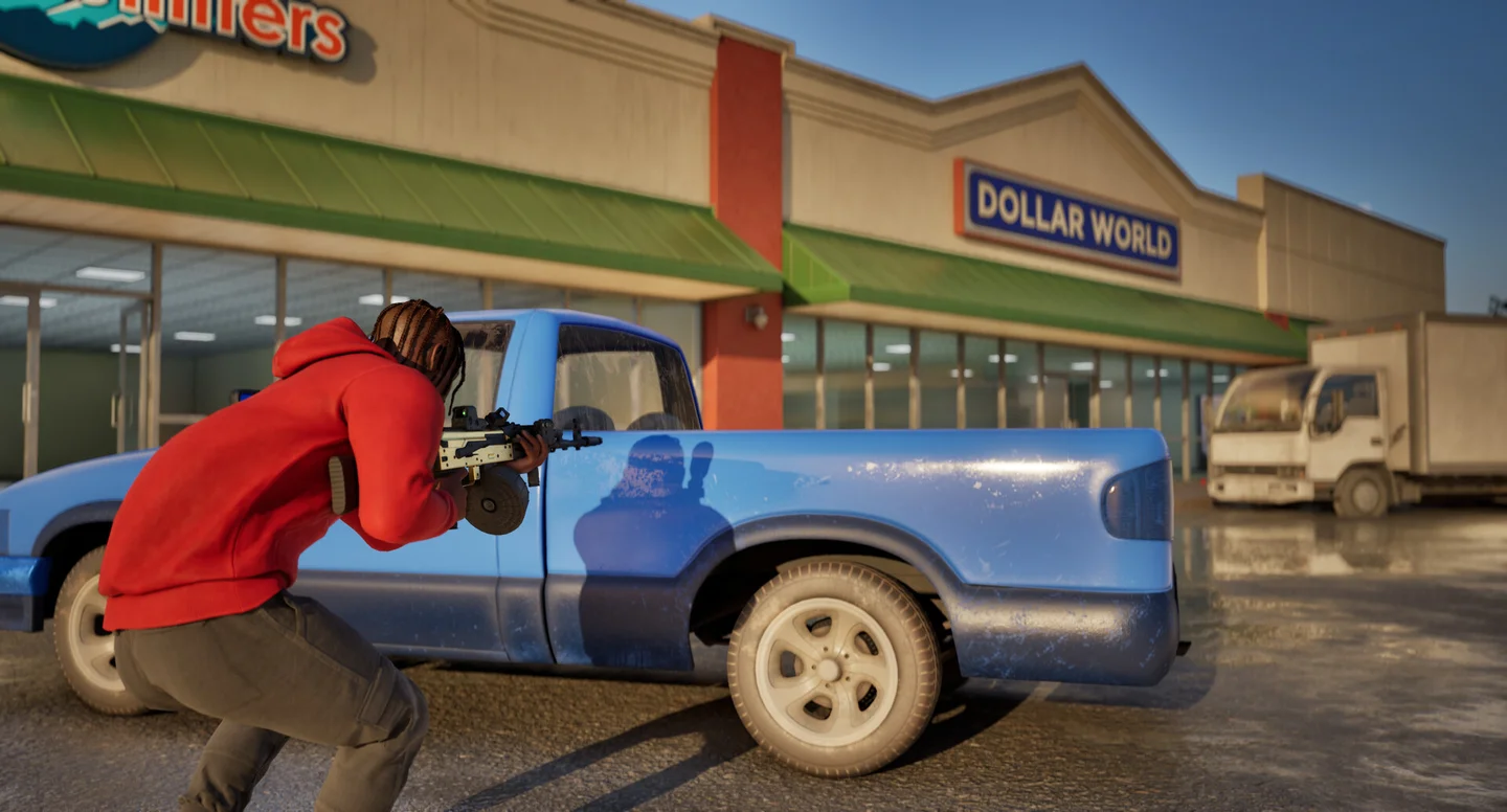 Hood Warfare 2 character beside a blue pickup truck in an official gameplay screenshot